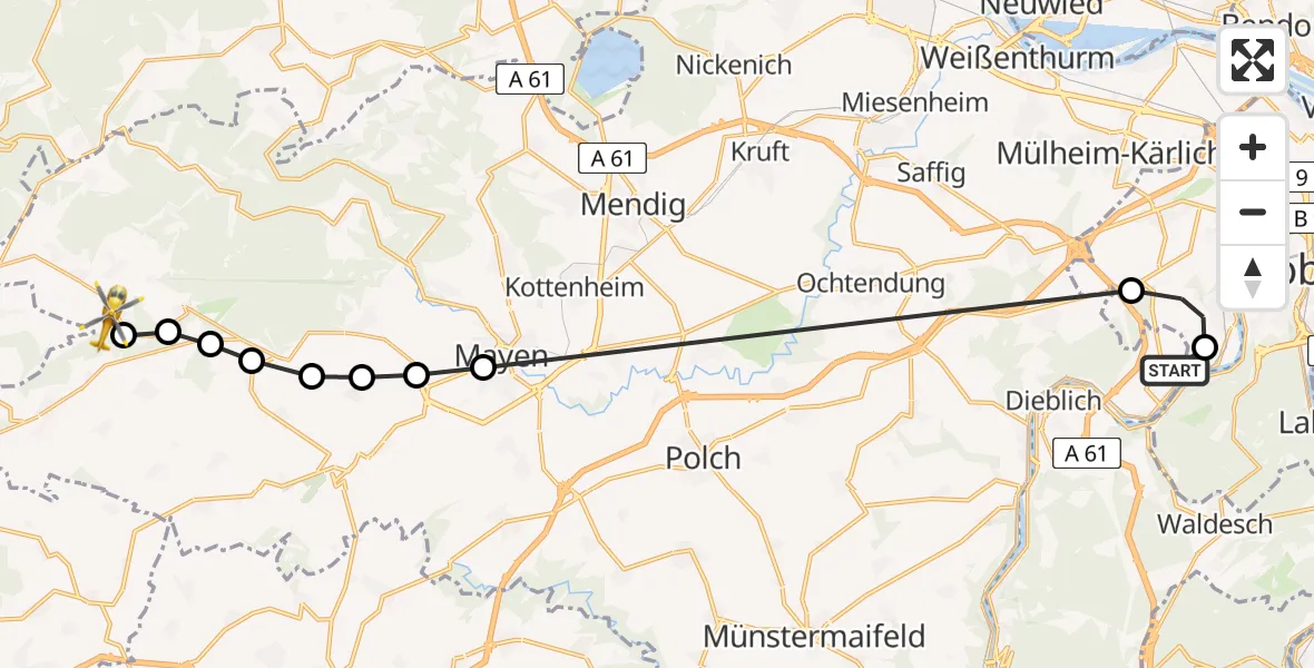 Flugroute Ambulanzhubschrauber Koblenz-Winningen Flugplatz - Niederbaar, 22 März 2026, 12:51