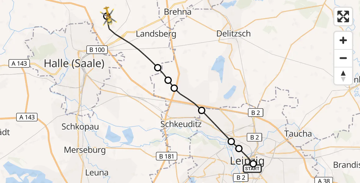 Flugroute Ambulanzhubschrauber Leipzig University Hospital Heliport 1 - Halle-Oppin Flugplatz, 22 März 2026, 12:54