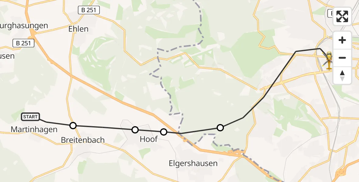 Flugroute Rettungshubschrauber Martinhagen - Kassel, 22 März 2026, 12:57
