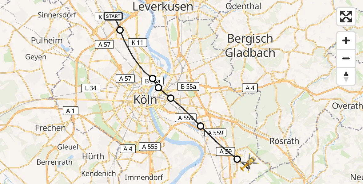Flugroute Rettungshubschrauber Chorweiler - Köln Bonn Flughafen, 22 März 2026, 12:58