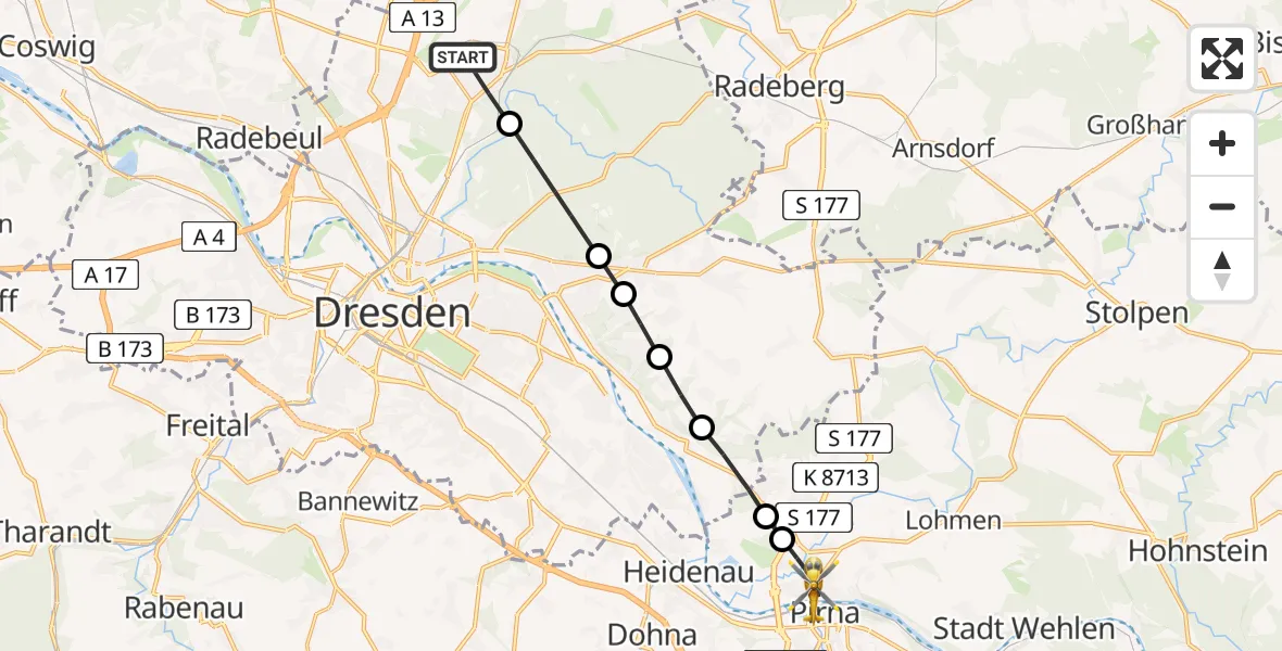 Flugroute Rettungshubschrauber Klotzsche - Pirna, 22 März 2026, 12:58