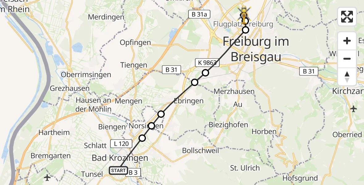 Routekaart van de vlucht: Ambulanzhubschrauber nach Freiburg im Breisgau Flugplatz