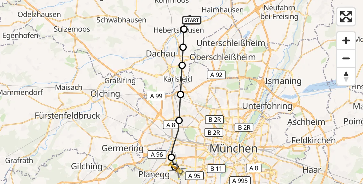 Flugroute Rettungshubschrauber Ampermoching - DRF Air Rescue München Hubschrauberlandeplatz, 22 März 2026, 13:08