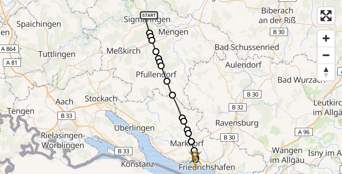 Flugroute Rettungshubschrauber Sigmaringen - Friedrichshafen Hospital, 22 März 2026, 13:12
