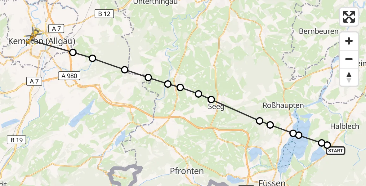 Flugroute Rettungshubschrauber Buching - Kempten (Allgäu), 22 März 2026, 13:17