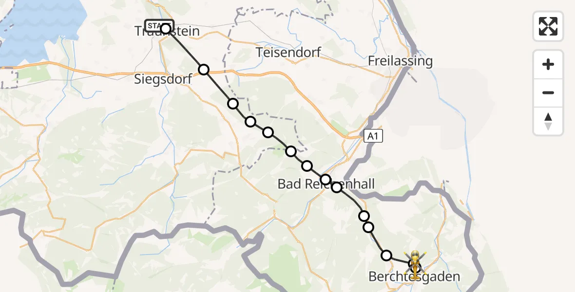 Flugroute Rettungshubschrauber Traunstein Hospital - Berchtesgaden Krankenhaus Hubschrauberlandeplatz, 22 März 2026, 13:17