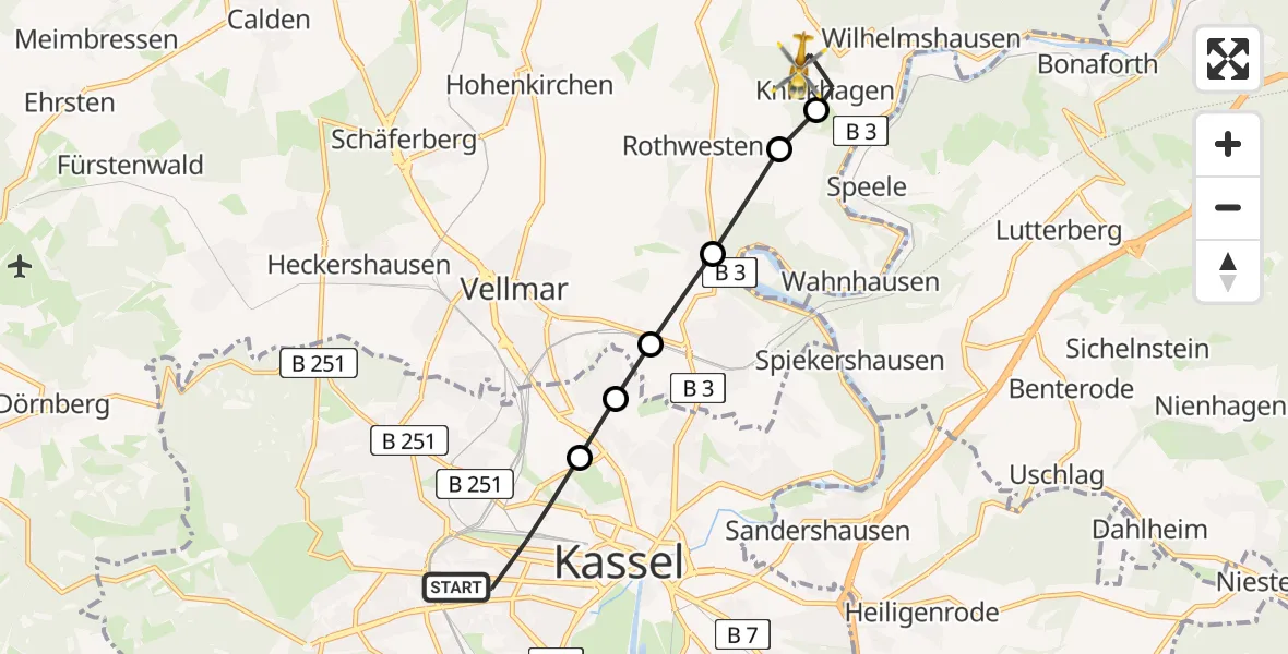 Flugroute Rettungshubschrauber Kassel - Knickhagen, 22 März 2026, 13:17