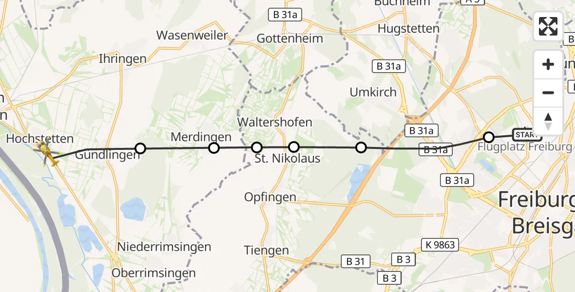 Flugroute Ambulanzhubschrauber Freiburg im Breisgau Flugplatz - Hochstetten, 22 März 2026, 13:18