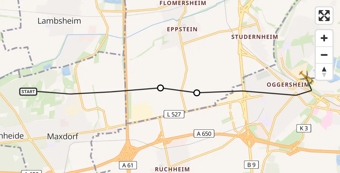 Flugroute Rettungshubschrauber Maxdorf - Ludwigshafen am Rhein, 22 März 2026, 13:20