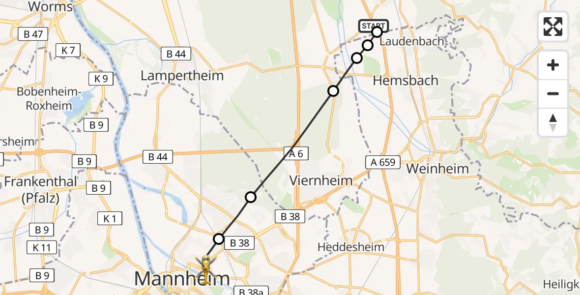 Routekaart van de vlucht: Rettungshubschrauber nach Neckarstadt-Ost/Wohlgelegen, Theodor-Kutzer-Ufer