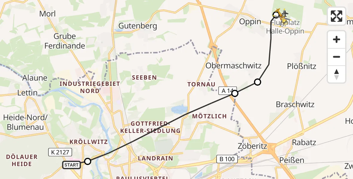 Routekaart van de vlucht: Rettungshubschrauber nach Halle-Oppin Flugplatz