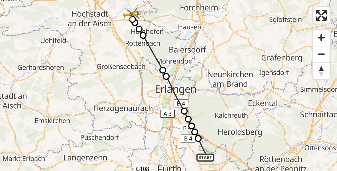 Flugroute Rettungshubschrauber Flughafen Nuremberg - Wiesendorf, 22 März 2026, 13:29