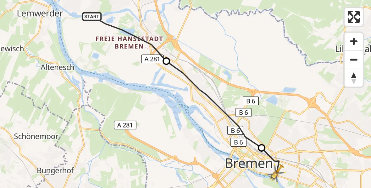 Flugroute Rettungshubschrauber Bremen-Nord - Bremen-Ost, 22 März 2026, 13:35