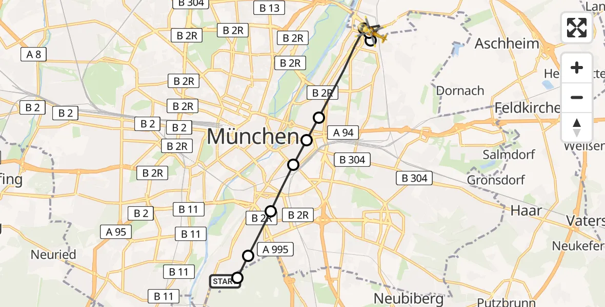 Flugroute Rettungshubschrauber ADAC Air Rescue Center Hubschrauberlandeplatz (Christoph 1) - Unterföhring, 22 März 2026, 13:35