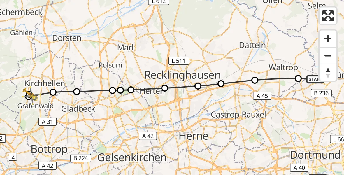 Flugroute Rettungshubschrauber Lünen - Kirchhellen, 22 März 2026, 13:36