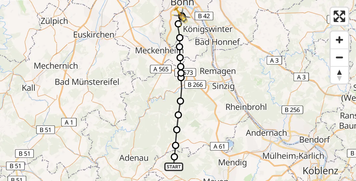 Routekaart van de vlucht: Ambulanzhubschrauber nach Stadtbezirk Bonn, Holunderweg