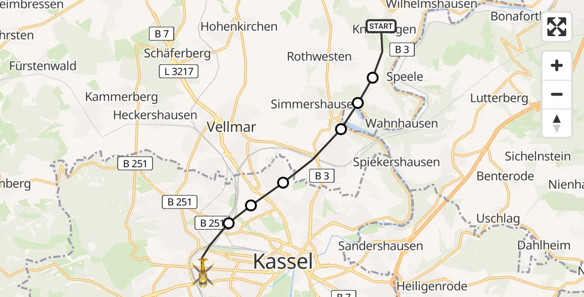 Flugroute Rettungshubschrauber Knickhagen - Kassel, 22 März 2026, 13:47