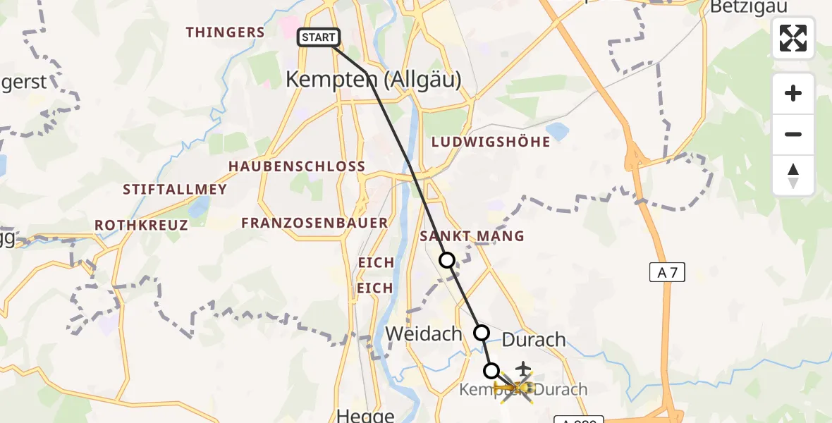 Flugroute Rettungshubschrauber Kempten (Allgäu) - Kempten-Durach Flugplatz, 22 März 2026, 13:48