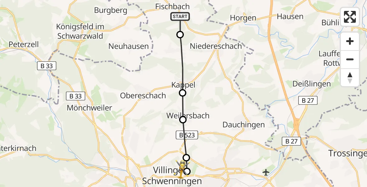 Routekaart van de vlucht: Rettungshubschrauber nach DRF Air Rescue Station Villingen-Schwenningen Hubschrauberlandeplatz (Christoph 11)