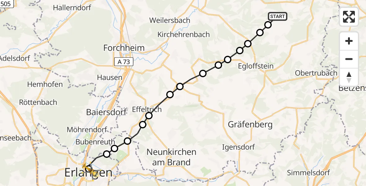 Routekaart van de vlucht: Rettungshubschrauber nach Erlangen University Hospital Rooftop Hubschrauberlandeplatz