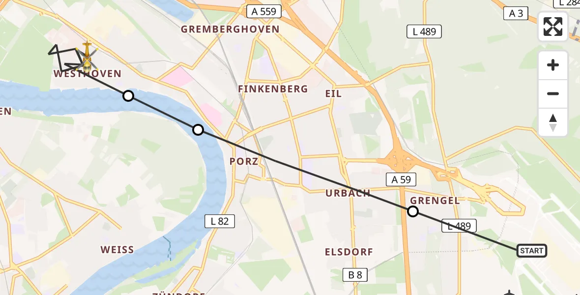Flugroute Rettungshubschrauber Köln Bonn Flughafen - Porz, 22 März 2026, 13:57