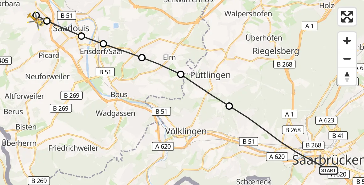 Flugroute Rettungshubschrauber Saarbrücken - Wallerfangen, 22 März 2026, 14:03
