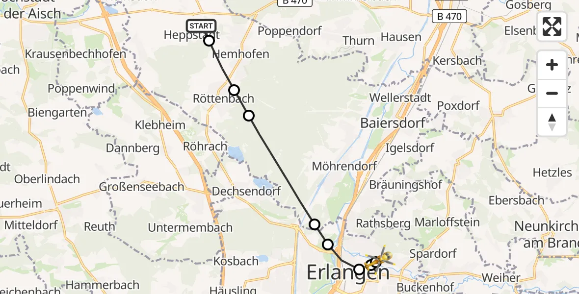 Flugroute Rettungshubschrauber Heppstädt - Erlangen University Hospital Ebrardstraße, 22 März 2026, 14:05