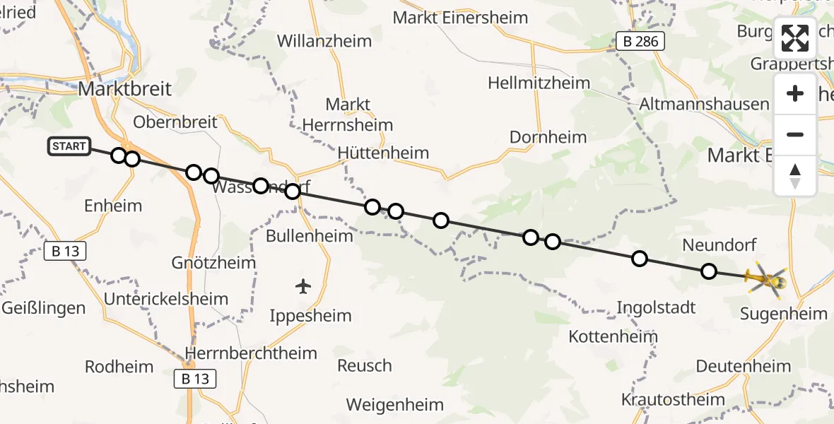 Flugroute Rettungshubschrauber Marktbreit - Neundorf, 22 März 2026, 14:07