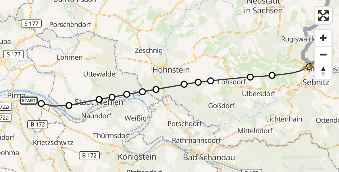 Flugroute Rettungshubschrauber Pirna Hospital - Saxon Switzerland Clinic Sebnitz Hubschrauberlandeplatz, 22 März 2026, 14:14