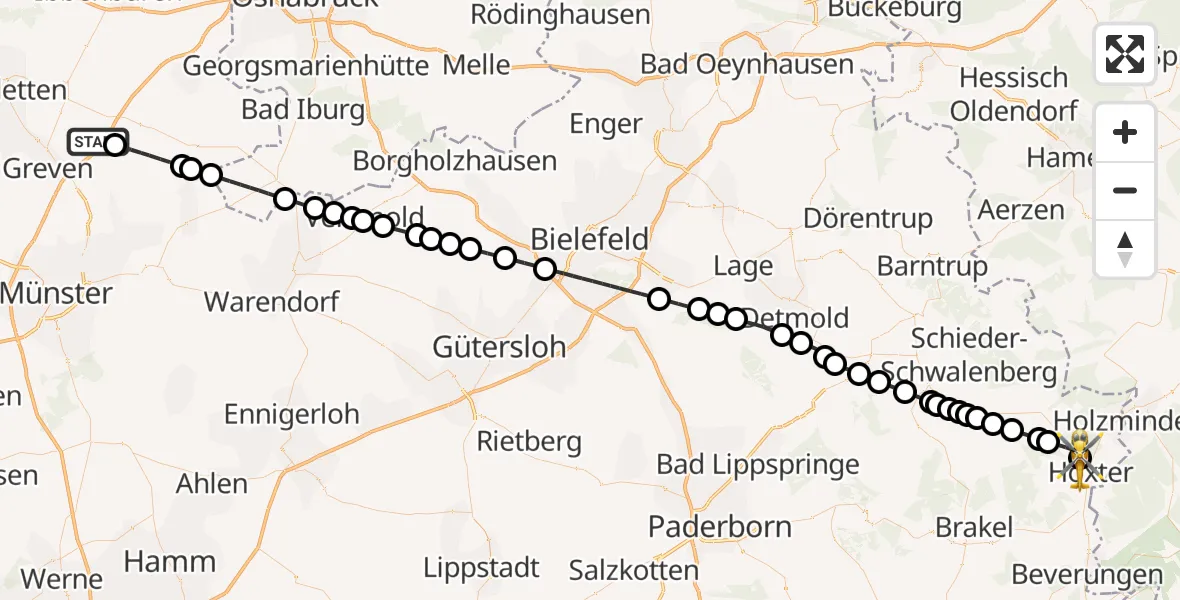 Flugroute Ambulanzhubschrauber Greven - Höxter, 22 März 2026, 14:20