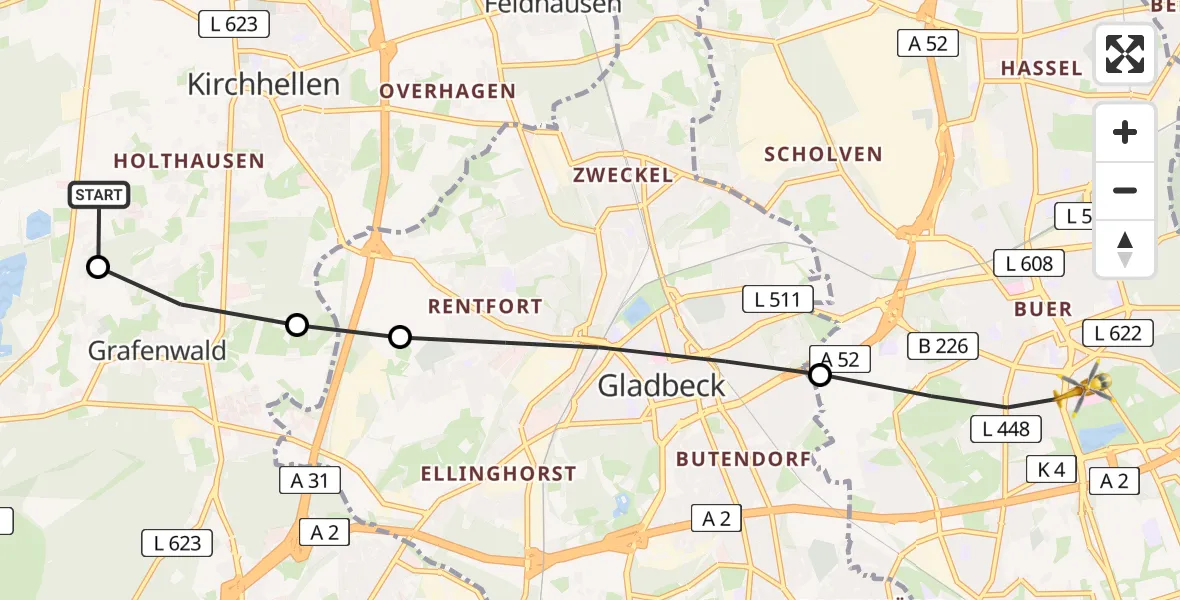 Flugroute Rettungshubschrauber Kirchhellen - Gelsenkirchen-Nord, 22 März 2026, 14:22