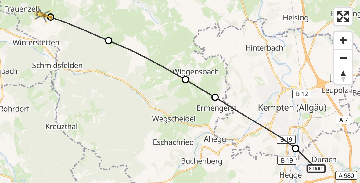 Routekaart van de vlucht: Rettungshubschrauber nach Frauenzell, Buchen