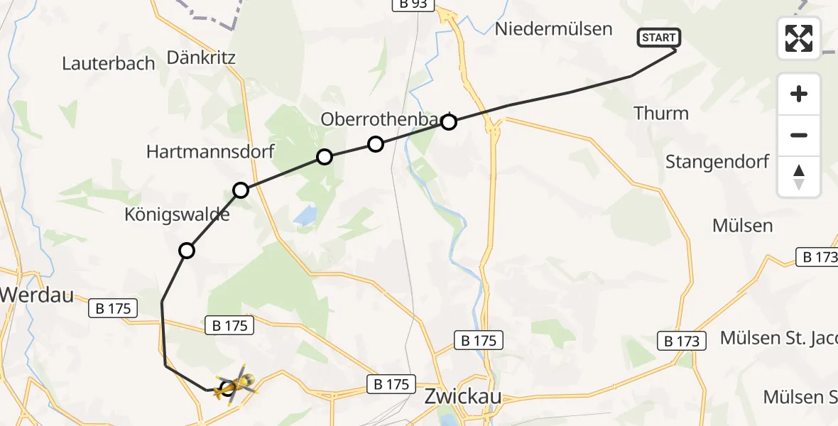 Flugroute Rettungshubschrauber Mülsen - ADAC Air Rescue Station Zwickau Hubschrauberlandeplatz, 22 März 2026, 14:29