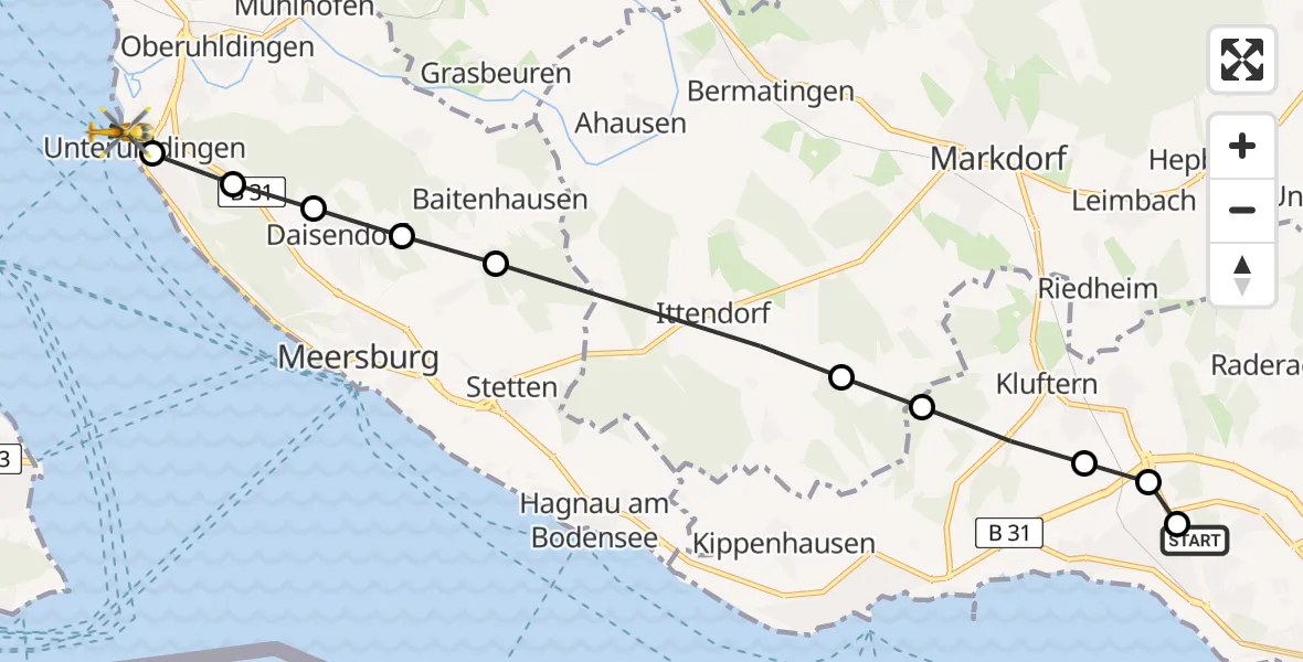 Flugroute Rettungshubschrauber Friedrichshafen Hospital - Unteruhldingen, 22 März 2026, 14:29