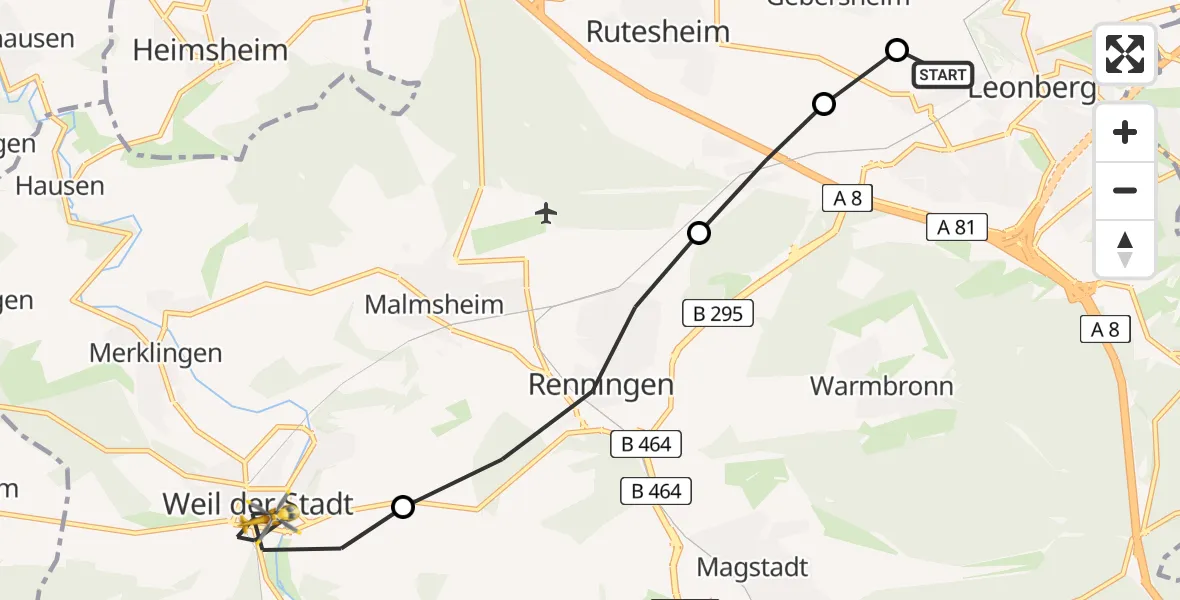 Flugroute Rettungshubschrauber Leonberg Hospital - Weil der Stadt (Kernstadt), 22 März 2026, 14:29