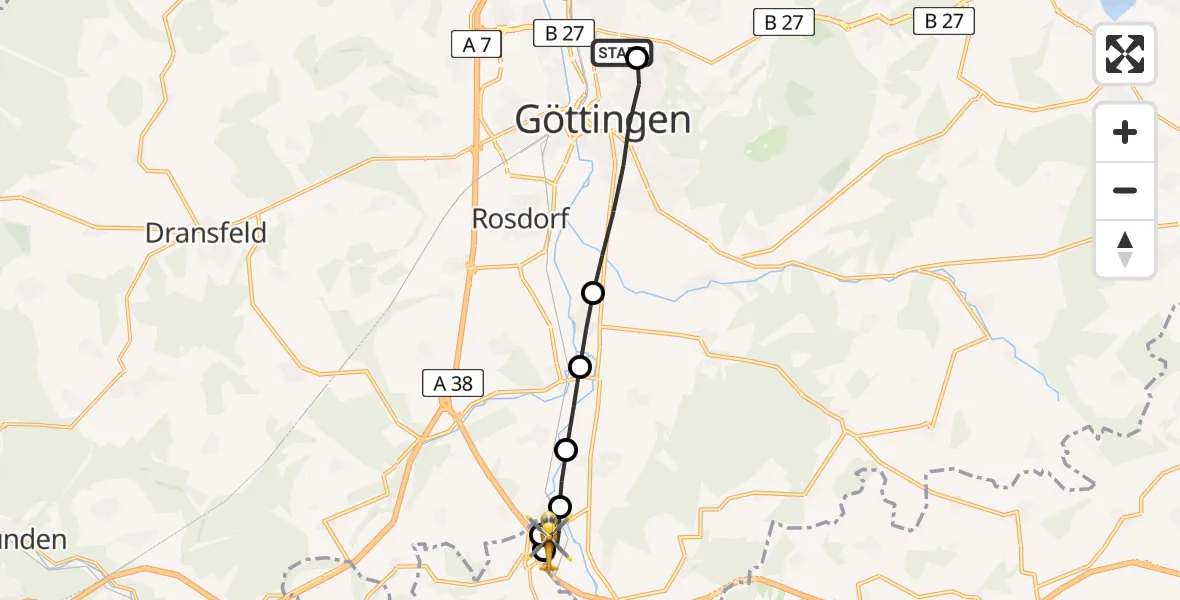 Flugroute Rettungshubschrauber Göttingen University Clinic Hubschrauberlandeplatz - Friedland, 22 März 2026, 14:32