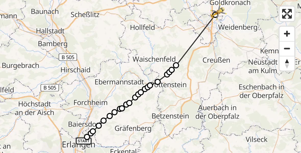 Flugroute Rettungshubschrauber Erlangen - Bayreuth Flughafen, 22 März 2026, 14:38