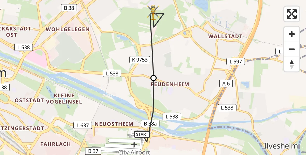 Flugroute Rettungshubschrauber Mannheim-City Flughafen - Mannheim, 22 März 2026, 14:39