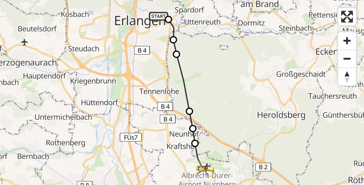 Flugroute Rettungshubschrauber Erlangen University Hospital Ebrardstraße - Flughafen Nuremberg, 22 März 2026, 14:49