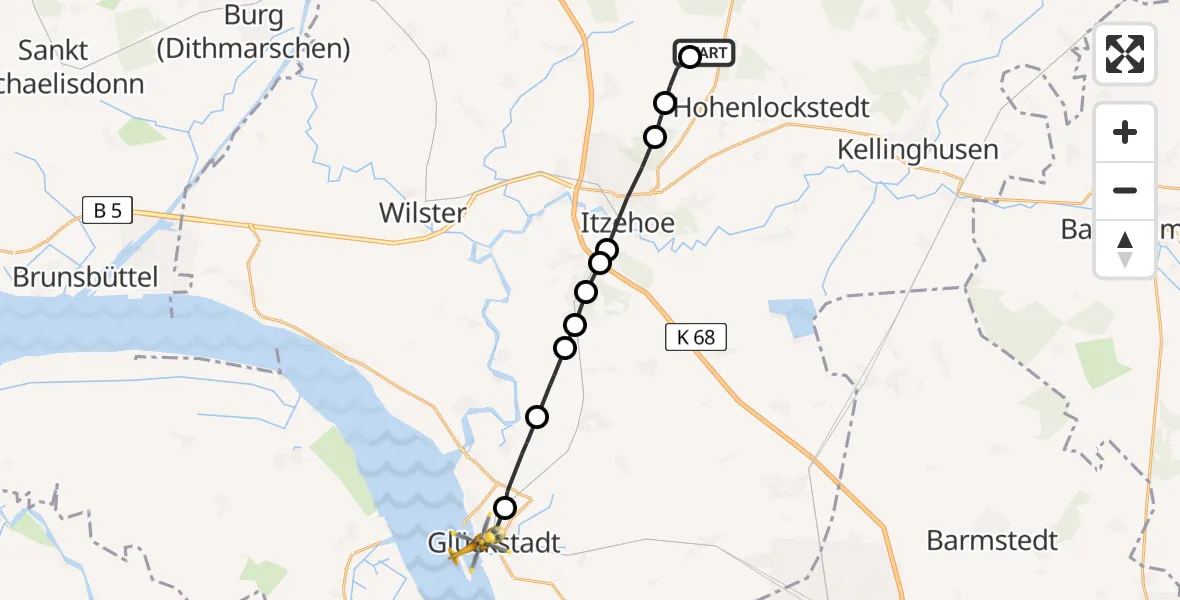 Flugroute Rettungshubschrauber Itzehoe Hungriger Wolf Flugplatz - Glückstadt, 22 März 2026, 14:50