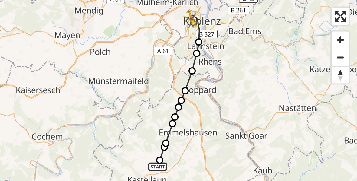 Routekaart van de vlucht: Rettungshubschrauber nach Kemperhof Koblenz Klinikum Hubschrauberlandeplatz
