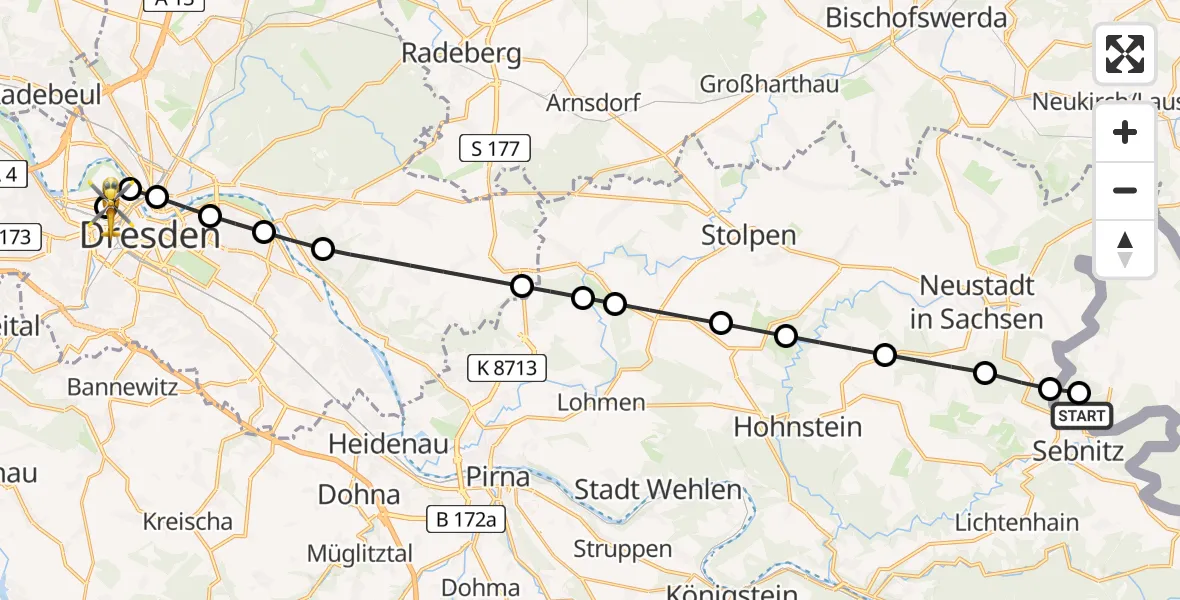 Flugroute Rettungshubschrauber Saxon Switzerland Clinic Sebnitz Hubschrauberlandeplatz - Dresden Friedrichstadt Hospital, 22 März 2026, 14:52