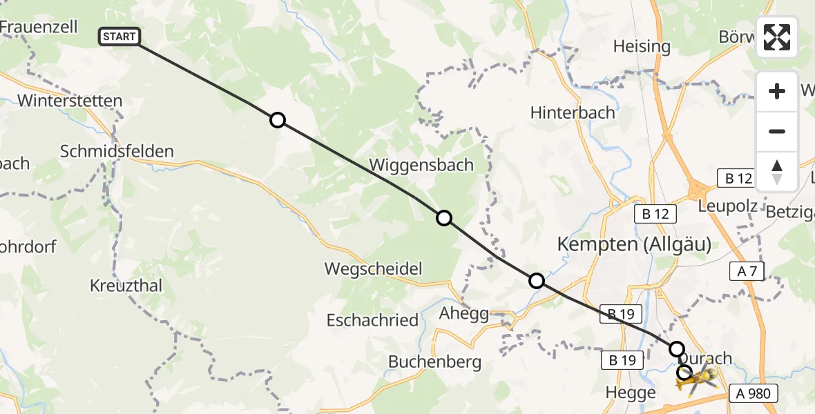 Routekaart van de vlucht: Rettungshubschrauber nach Kempten-Durach Flugplatz