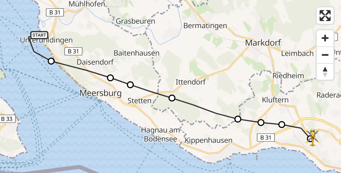 Flugroute Rettungshubschrauber Unteruhldingen - Friedrichshafen Hospital, 22 März 2026, 14:57