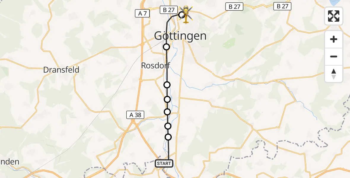 Flugroute Rettungshubschrauber Friedland - Göttingen University Clinic Hubschrauberlandeplatz, 22 März 2026, 15:02