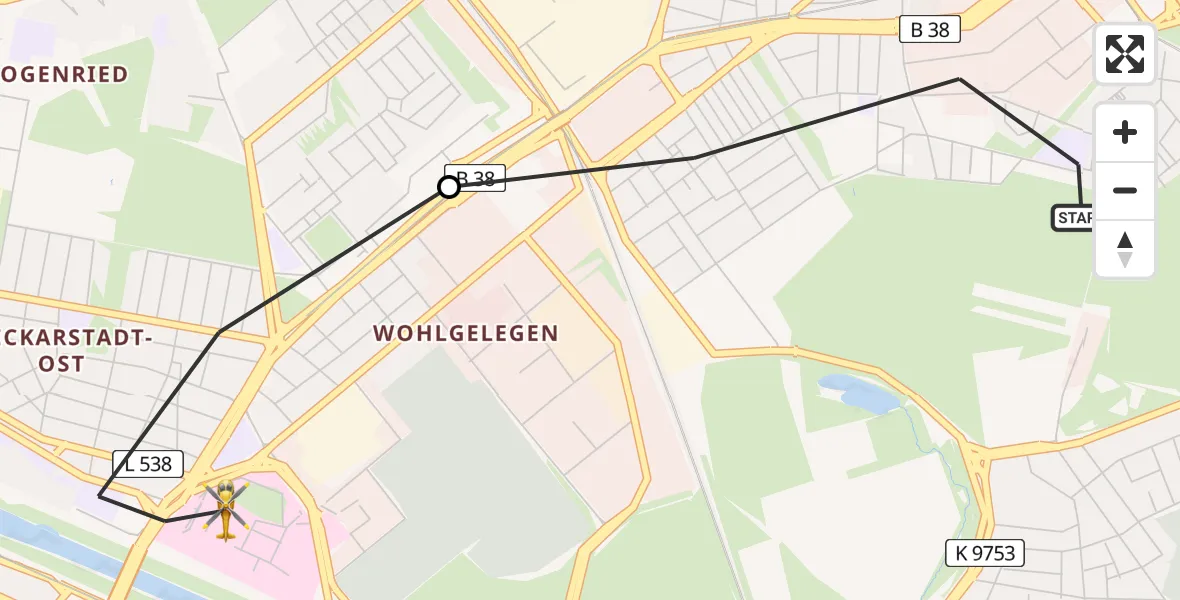 Flugroute Rettungshubschrauber Mannheim - Neckarstadt-Ost/Wohlgelegen, 22 März 2026, 15:03