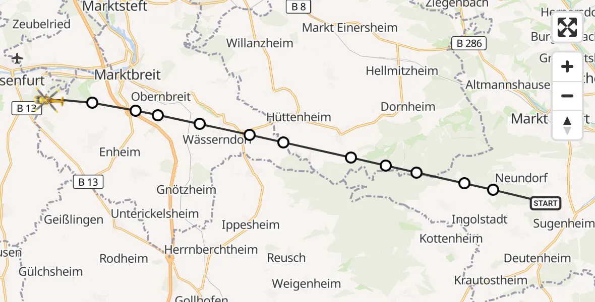 Flugroute Rettungshubschrauber Neundorf - Ochsenfurt, 22 März 2026, 15:03