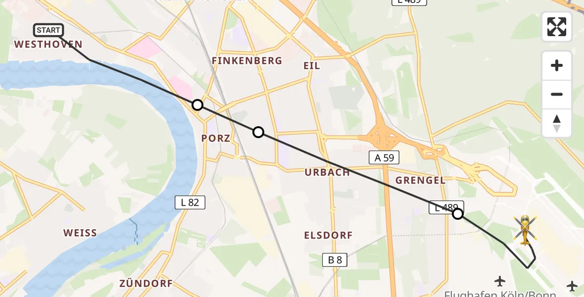 Flugroute Rettungshubschrauber Porz - Köln Bonn Flughafen, 22 März 2026, 15:06