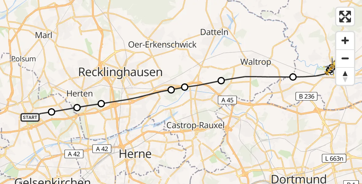 Flugroute Rettungshubschrauber Gelsenkirchen-Nord - Sankt Marien Hospital, 22 März 2026, 15:12