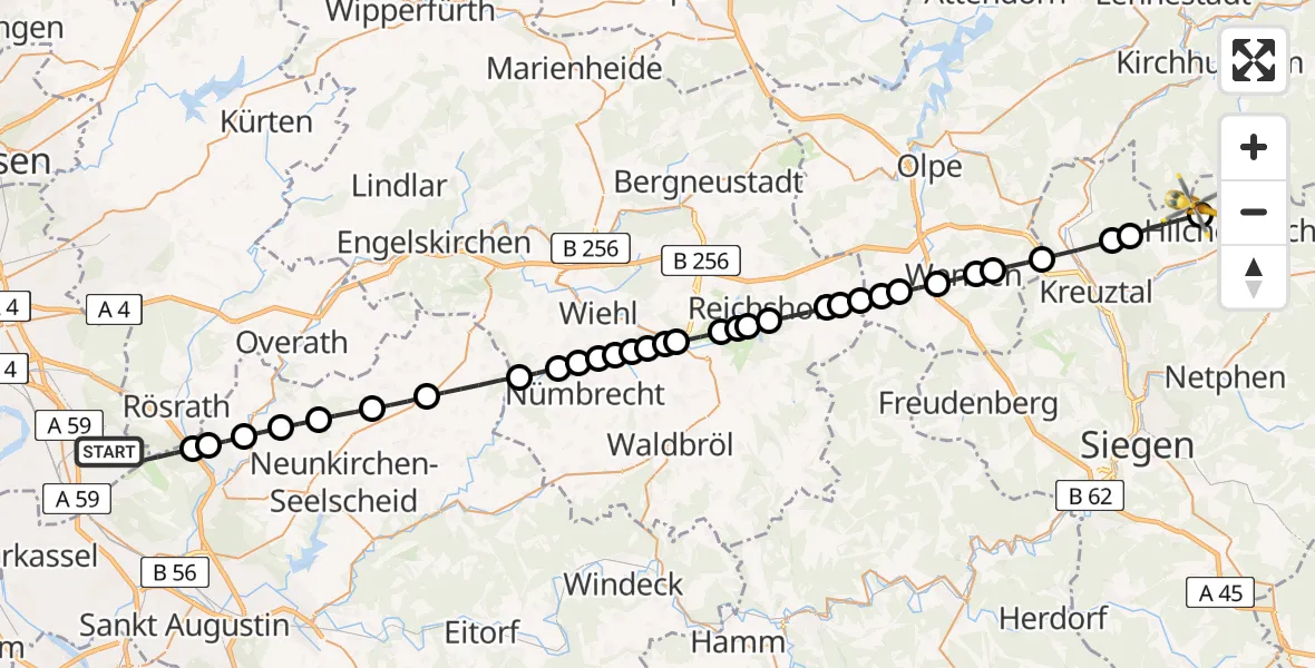 Flugroute Rettungshubschrauber Köln Bonn Flughafen - Hilchenbach, 22 März 2026, 15:15